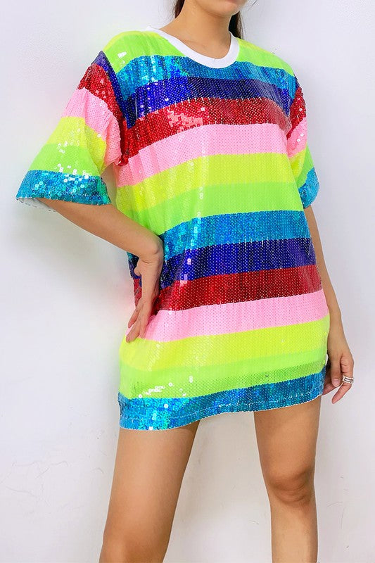 Rainbow Stripes Sequins T-Shirt Dress ...